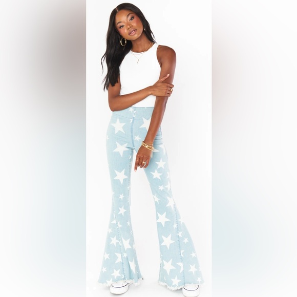 Preowned Show Me Your MuMu Light Blue Stars Berkeley Bells Flare Jeans Sz 28 - Picture 11 of 15